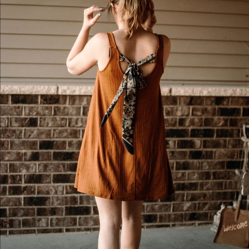 Cognac Knit Cami Dress with Bandana Back Tie